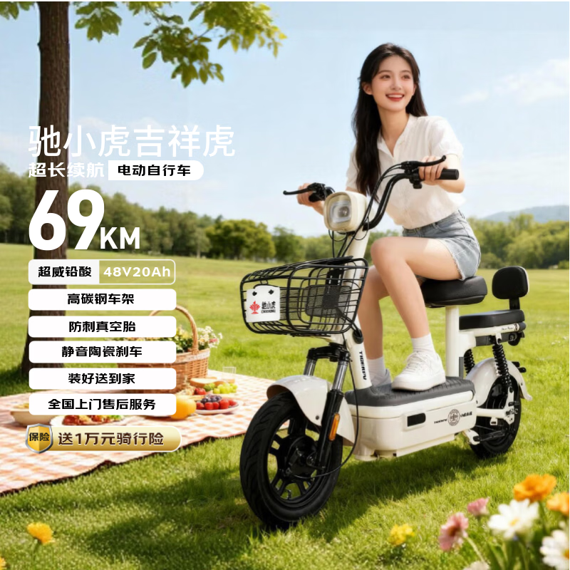 驰小虎电动自行车 【限时促销】吉祥虎新国标电动车电动自行车48V20Ah电池长续航电瓶车代步车电车白