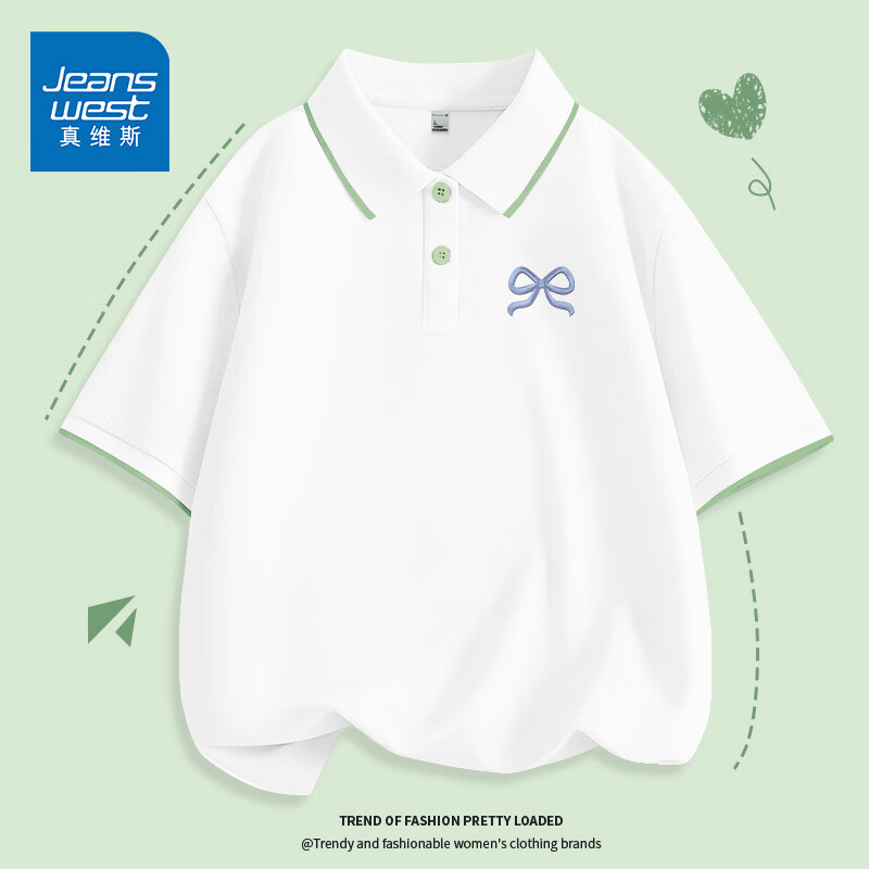真维斯（Jeanswest）polo衫t恤女夏季宽松翻领短袖女士运动服打底半袖休闲商务风上衣 白色 优雅蝴蝶结_K S