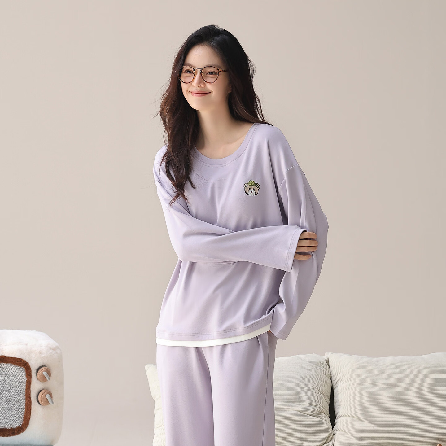 芬腾可安（FENTENGCARE）睡衣女2026年春款纯棉新款休闲宽松长袖长裤家居服套装 紫色 L