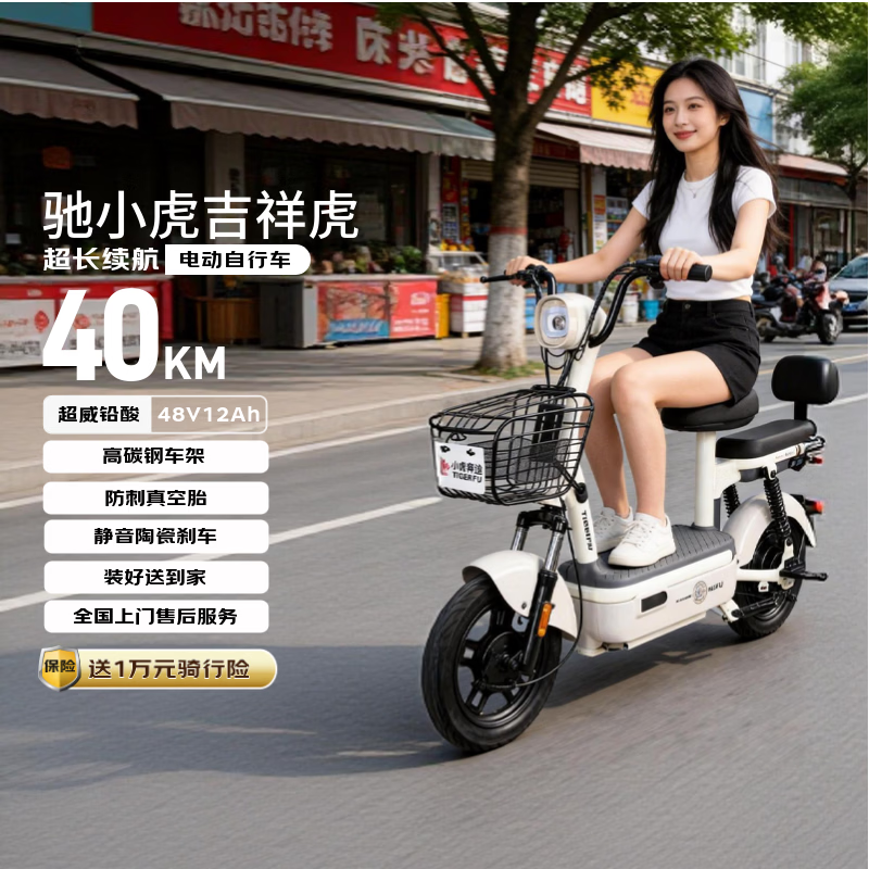 驰小虎电动自行车 吉祥虎新国标电动车电动自行车48V12Ah铅酸电池长续航电瓶车成人代步车电车白色