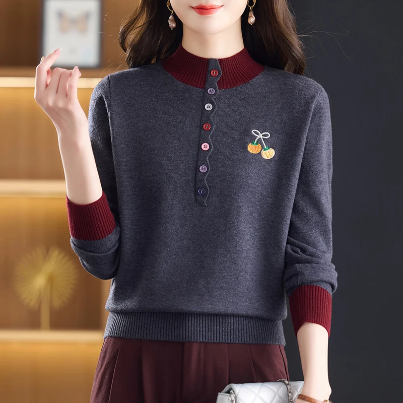 【新年新气象】半高领撞色针织衫女纽扣装饰打底衫百搭洋气显瘦 灰色 M 建议体重90-120