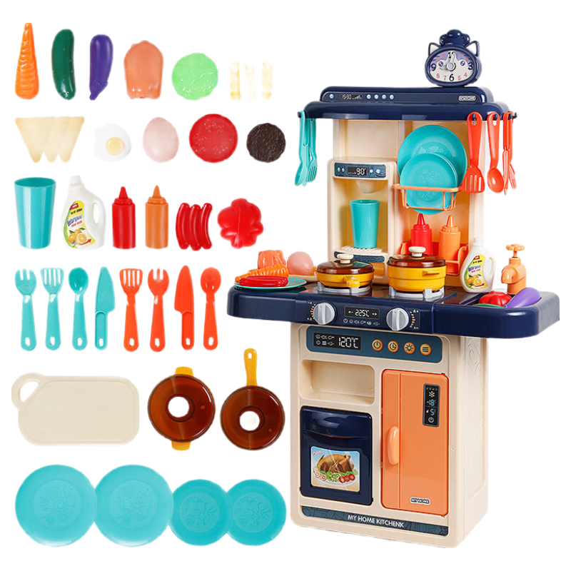 知識花園兒童過家家仿真噴霧廚房做飯玩具套裝玩具DIY手串戒指玩具套裝 出水+噴霧款-41件套-藍色