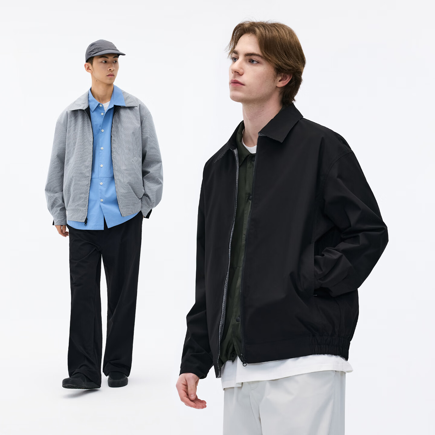 熊猫·本（ben.panda）撞色双面穿翻领防泼水夹克格纹宽松外套男款2026春季 漆黑色 M