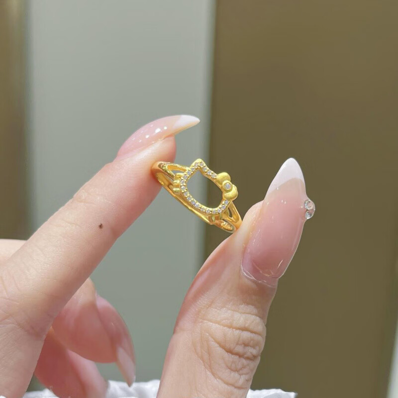 花饰庄园金色满钻KK猫咪头戒指女时尚轻奢微镶锆石感食指戒 AZ00655 开口可调节