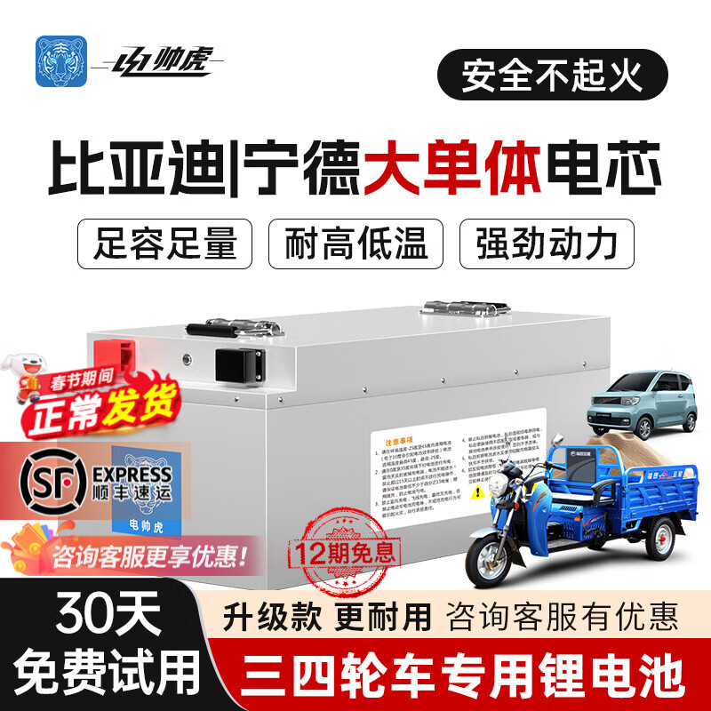 电帅虎电动车锂电池48V60v72v宁德比亚迪大容量磷酸铁锂三四轮电瓶 蓝牙60v55ah 【限时活动价+约45-60KM】