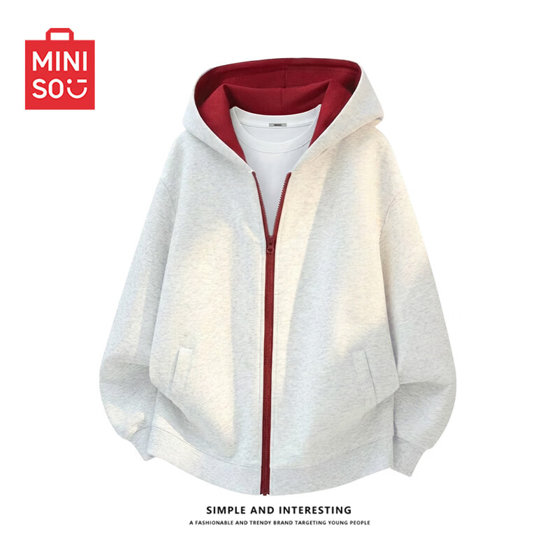 名创优品（MINISO）撞色开衫连帽卫衣男春秋季美式重磅外套青少年感休闲潮牌运动上衣 白花灰(纯色) L /175(体重120-140斤)