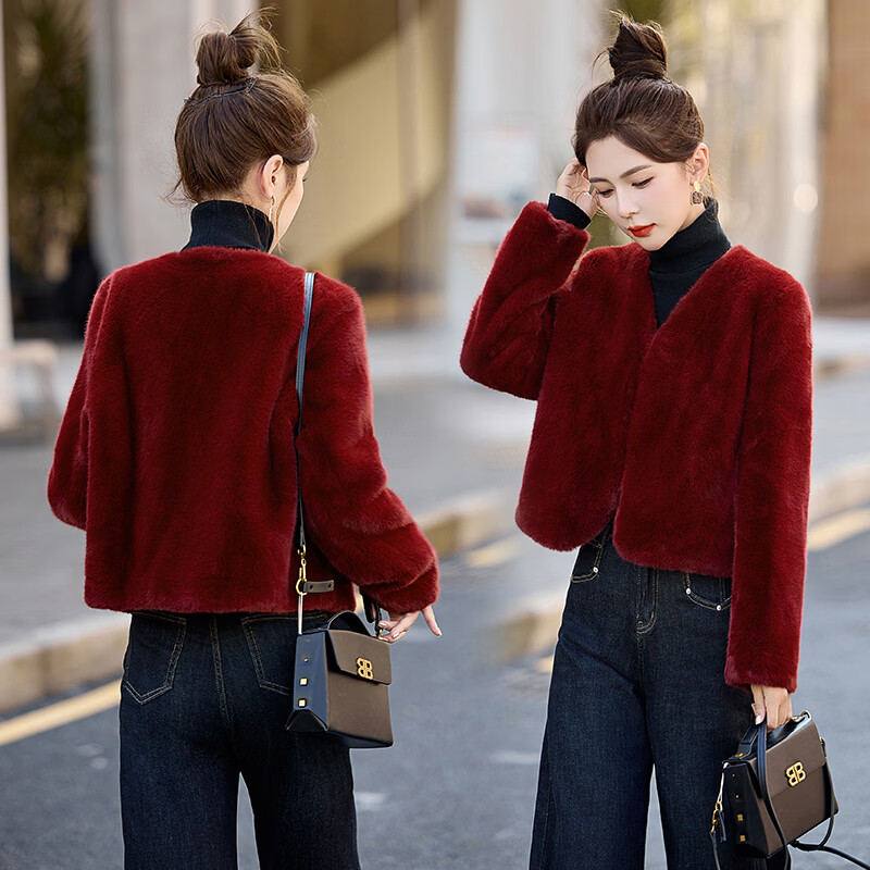 小香风颗粒绒短款外套女2026春季新款时尚小个子加厚保暖毛毛大衣 米白色 XL