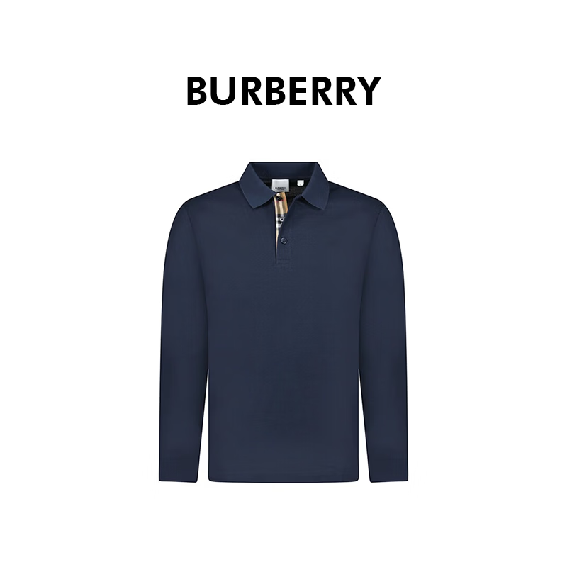 BURBERRY巴宝莉男士海军蓝棉质隐藏式格纹长袖polo衫80922771 M父亲节