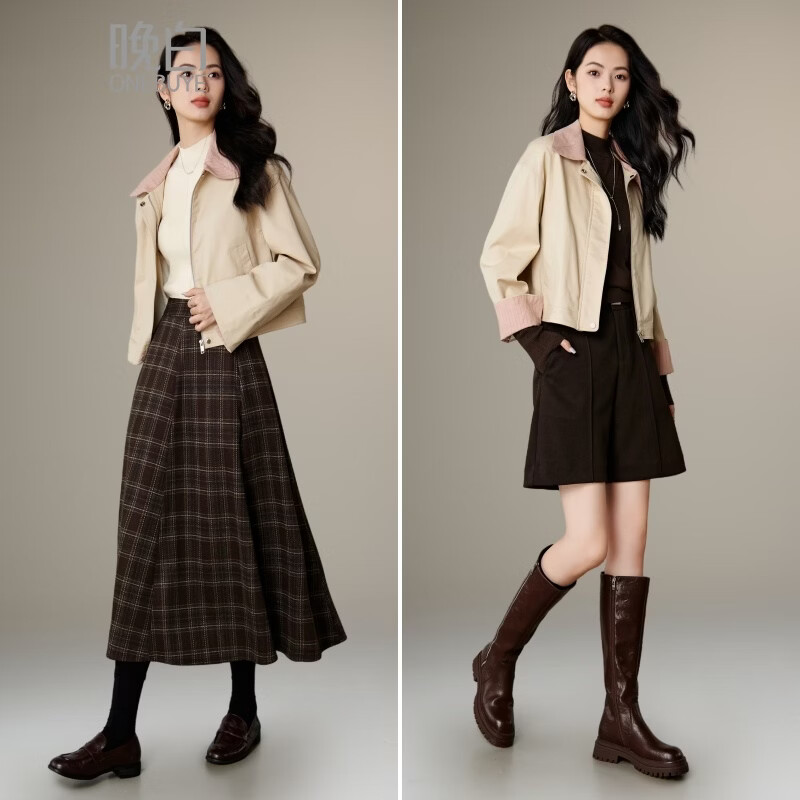 晚白【新品】2026年春款时尚拼接翻领全棉上衣舒适休闲短夹克外套女 浅卡其 M