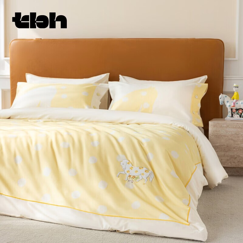 野兽派家居（tbh）床上四件套四季全棉缎纹印花单双人床品套件 全棉缎纹印花床品 波点马 1.8m床 床笠款 （被套220*240cm）