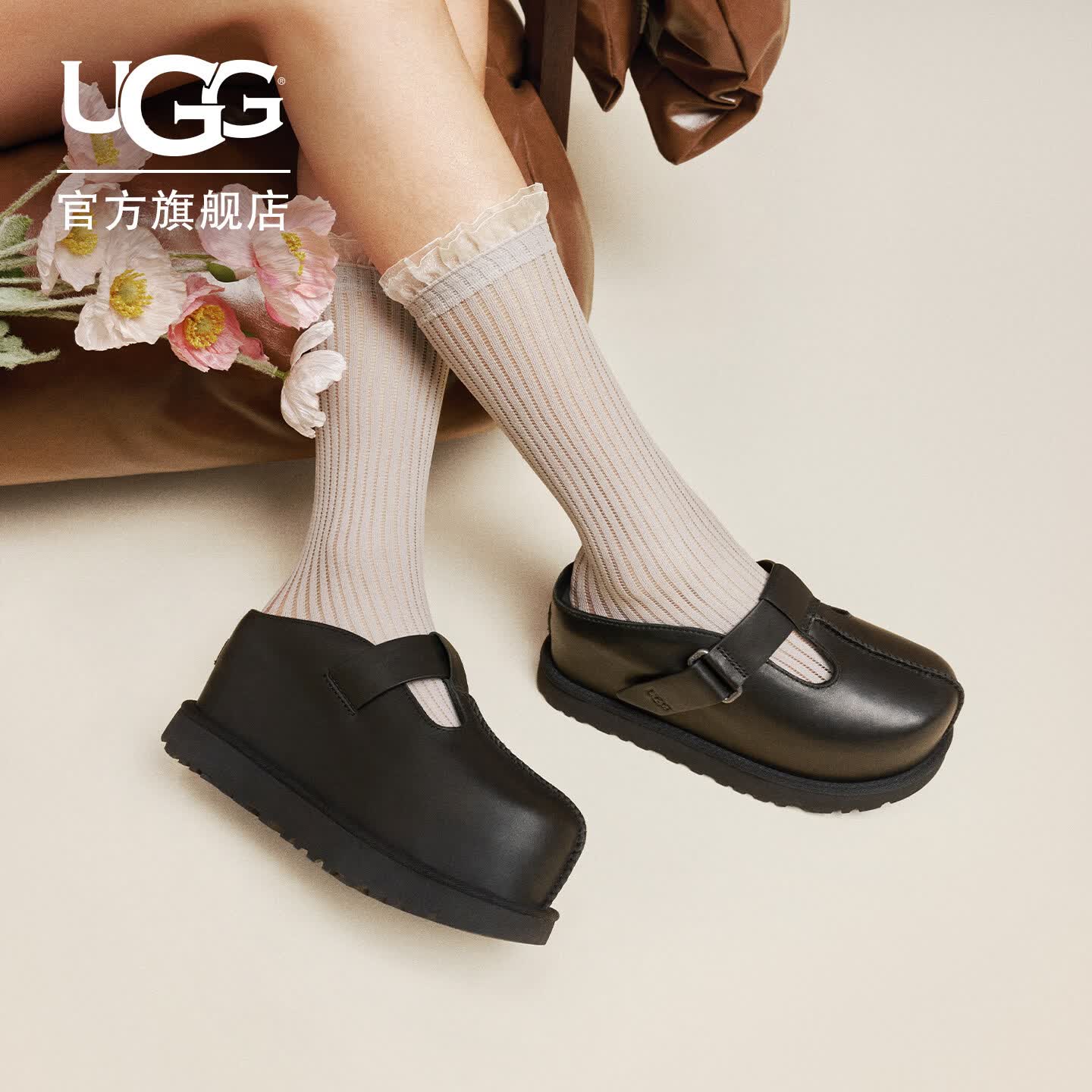 UGG春季女士舒适厚底圆头复古玛丽珍休闲金星克罗格鞋 1169591 BLK | 黑色 37