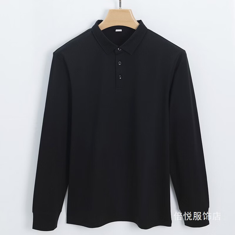 高端男装高支丝光棉p衫男免烫t恤男式长袖衬衫领p衫 黑色 3XL 185/120C()
