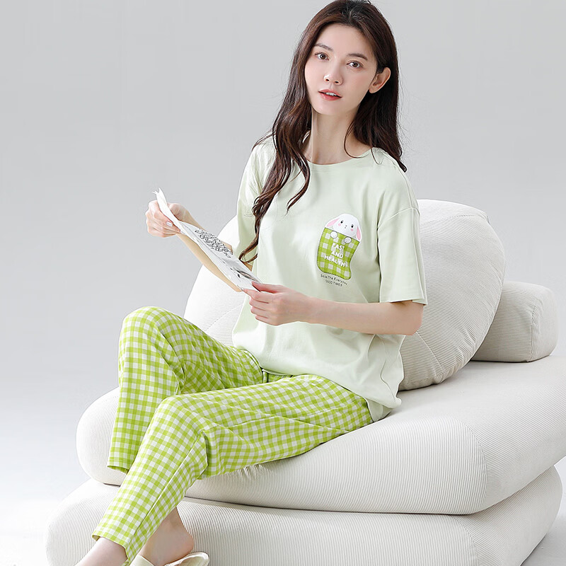 赤狐魅纯棉家居服两件套宽松舒适100%棉可外穿睡衣圆领上衣带口袋裤子 浅绿色 2XL 京东折扣/优惠券