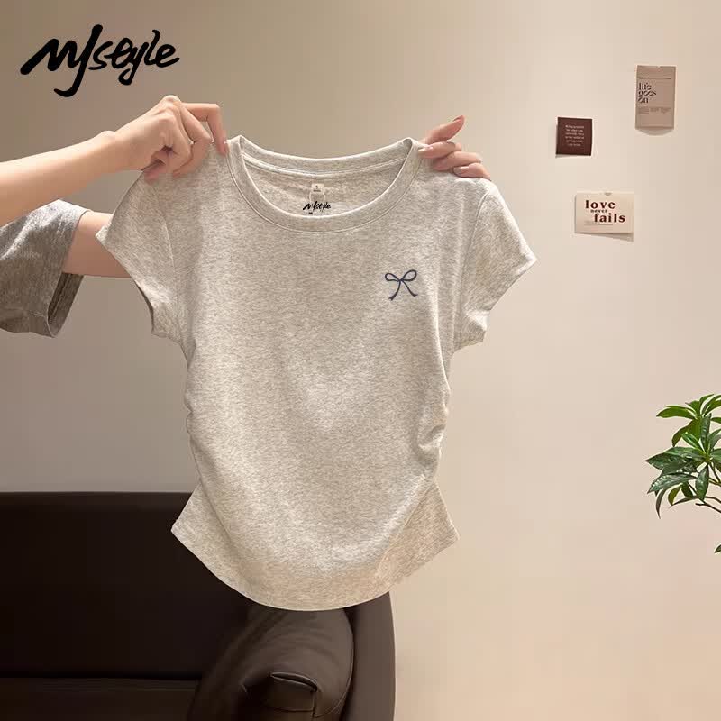 MJ STYLE圆领正肩短袖T恤女2026夏收腰显瘦设计感小个子修身短款半袖上衣