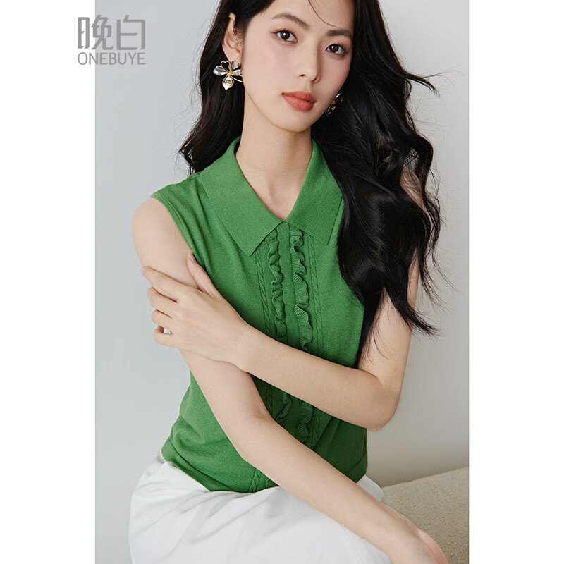 晚白2026年春款绿色显白翻领花边氛围感针织上衣叠穿神器无袖针织衫女 绿色 S