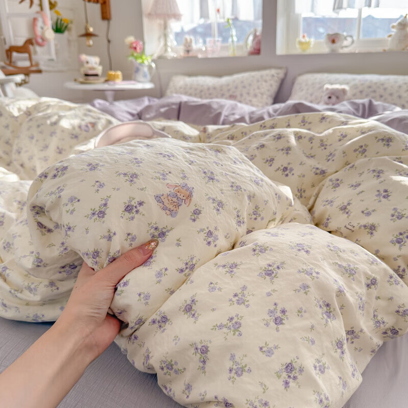 一默四件套2026款A类古法水洗仿棉云感纱被套床单床笠枕套家用四件套 花集小兔 2.0m 床单款 （被套200*230cm） 四件套
