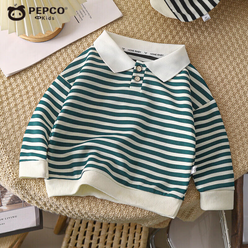 小猪班纳（PEPCO）儿童长袖polo衫春季新品洋气条纹打底衫中小童翻领卫衣童装 POLO卫衣-黑色条纹 80 (建议身高65-75c)