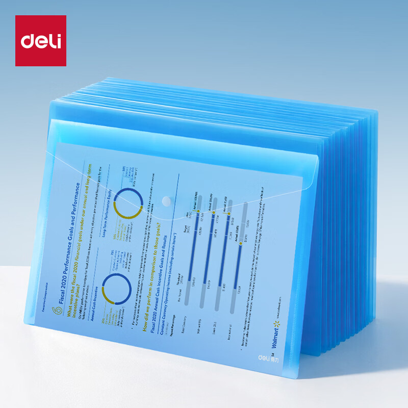 得力（deli）文具 10只A4按扣学生桌面透明蓝色文件袋学科分类办公用品塑料防水档案袋PP10