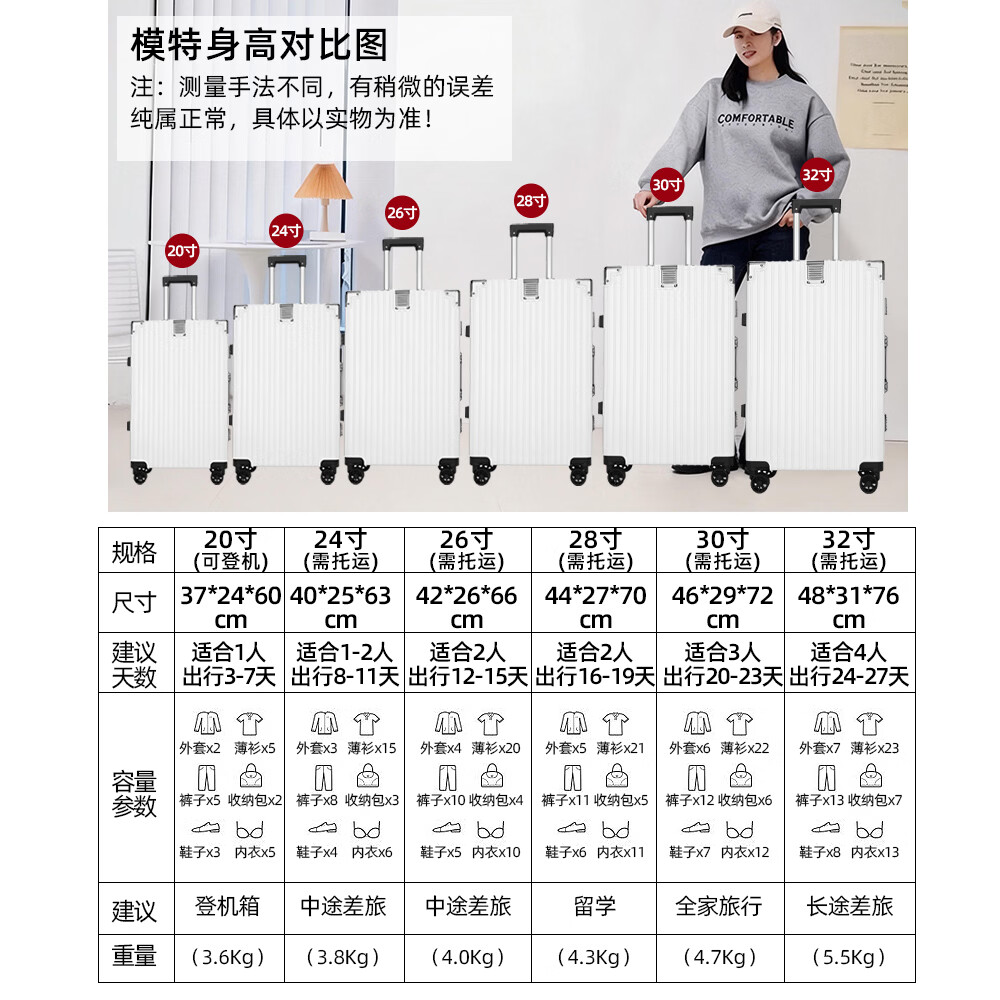 冇力新款行李箱铝框拉杆箱男女学生大容量密码箱高颜值旅行箱加厚皮箱 质感黑【钢钉加固铝框+加厚箱体】 30英寸