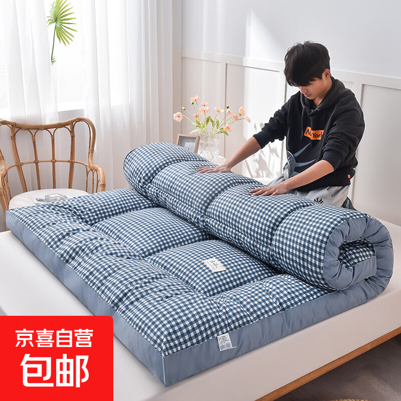 立体床垫床褥学生宿舍褥子垫榻榻米加厚床褥垫子可折叠租房软垫 蓝格【厚约10cm】 150X200cm