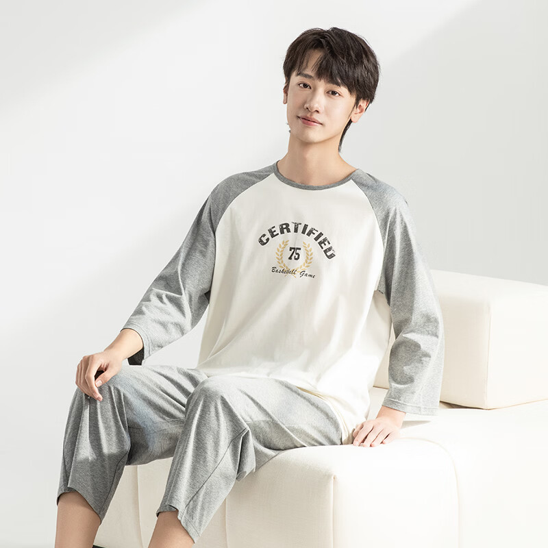 英博伦青少年睡衣春夏季薄款男大童家居服套装初高中生全棉空调服纯棉 21069白灰 165