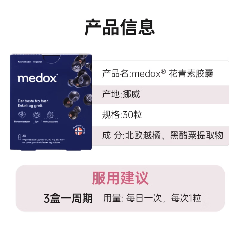 MEDOX挪威原装进口 天然野生花青素胶囊野生越橘提取非葡萄籽精华/30粒 【维稳周期装】挪威越橘提取 30粒*3盒