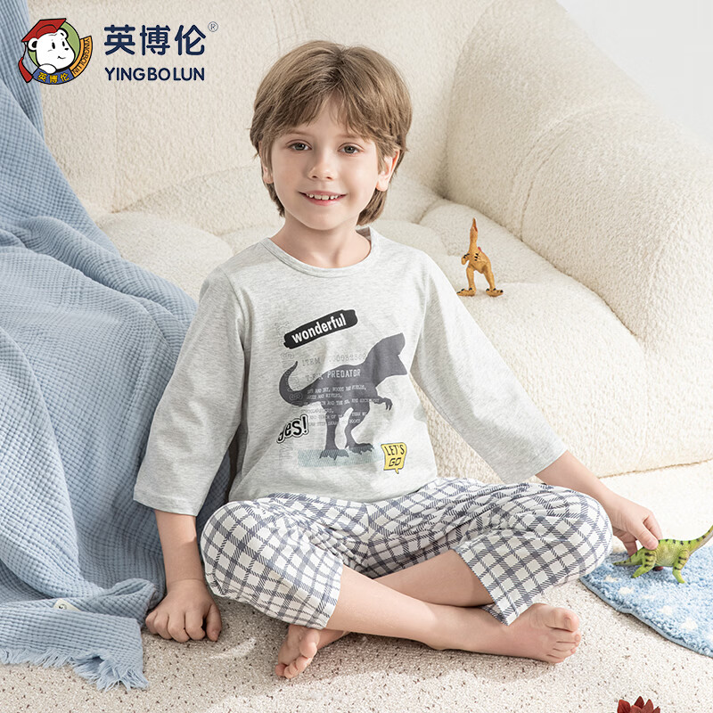英博伦2026新款男女童睡衣纯棉短袖短裤夏季薄款全棉a类男女孩套装 21213麻灰 160