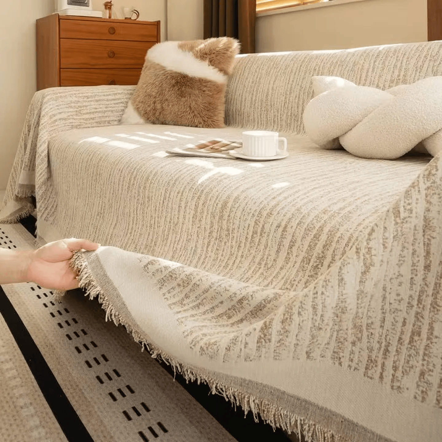 【26年爆款】雪尼尔奶油风沙发垫四季通用防猫抓高级全盖套 香槟金【雪尼尔面料】 【单人位通用】180厘米宽*180厘米长