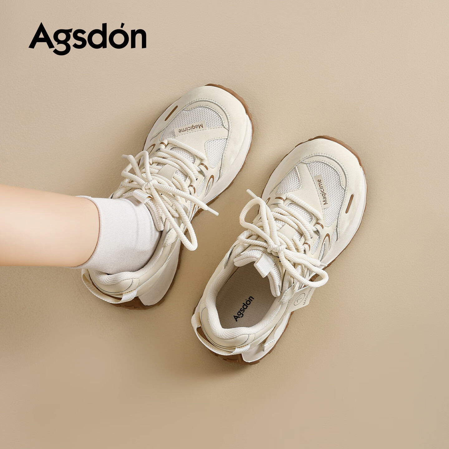 奥古狮登（Agsdon）德训鞋女夏季新款小个子增高休闲鞋厚底老爹鞋运动鞋 米杏色 37