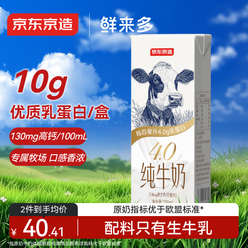 京东京造 鲜来多4.0g纯牛奶250ml*16 4.0g蛋白质130mg高钙性价比早餐奶