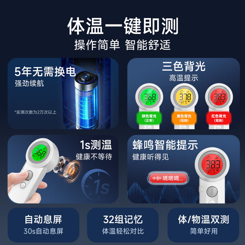 迈克凯尔医用精准婴儿电子体温计额温枪耳温枪家用快速测温枪成人儿童专用 医用新标准【重磅新品】5年续航免充电+1秒速测