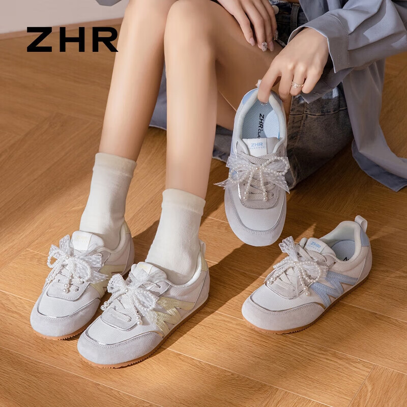 ZHR则则德训鞋女鞋轻软甜美运动鞋女珍珠蕾丝休闲鞋子女防滑百搭元气满满 米黄 35