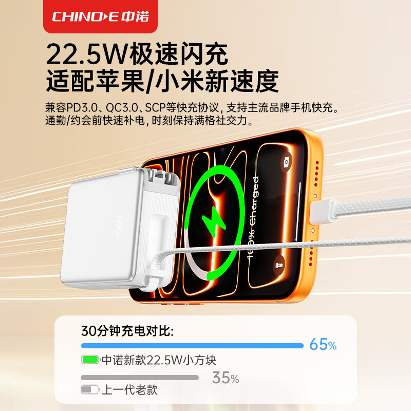 中诺（CHINO-E）【国家3C安全认证 可上飞机高铁】充电宝10000毫安自带插头自带线小巧便携移动电源适用苹果小米 极光银【1万毫安+AC插头+自带线】