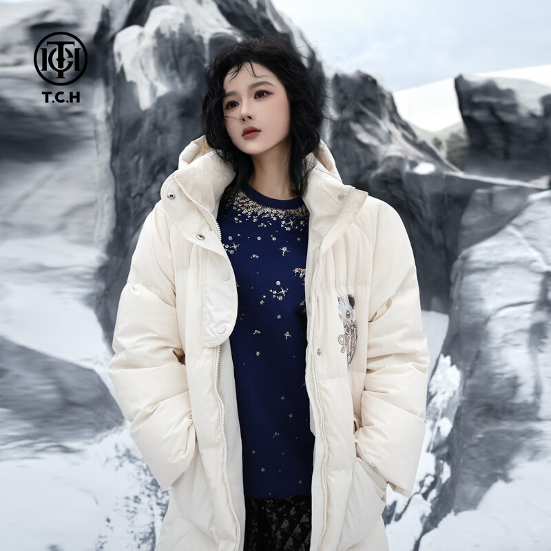 TCH中长款连帽羽绒服女秋冬款时尚烫钻简约百搭气质保暖静奢风拉链衫 米色 L 京东折扣/优惠券