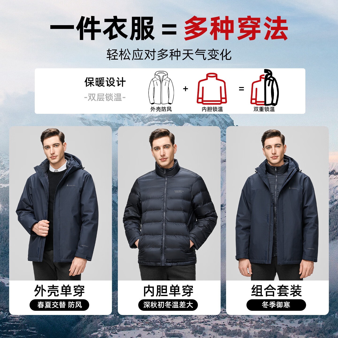 罗蒙（ROMON）【新年换新衣】三防衣多穿羽绒服男秋冬新款鹅绒加厚保暖冲锋外套 绿色 L 175(建议120-135斤)