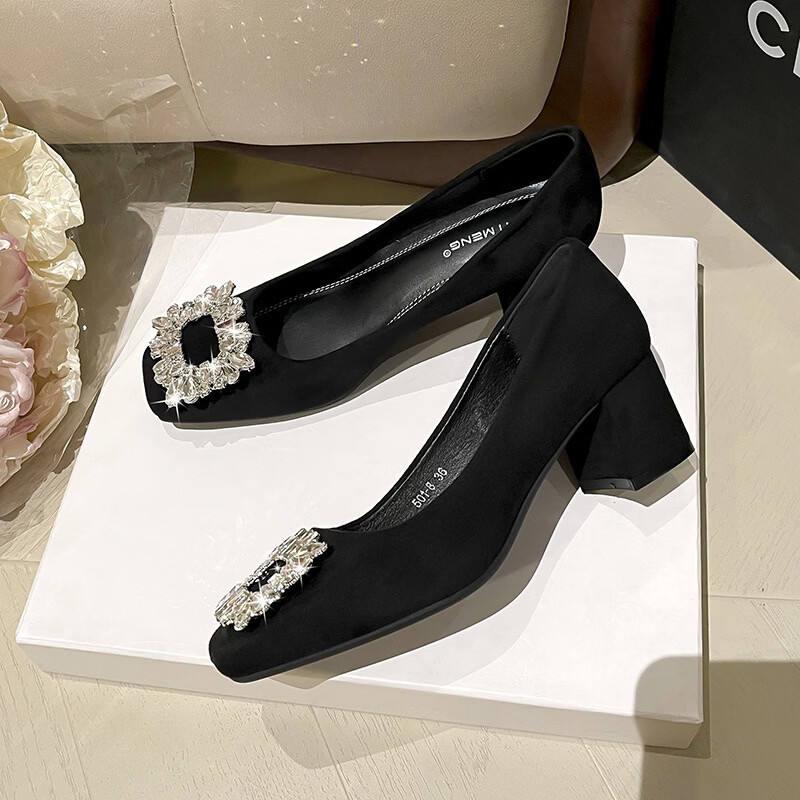 黑色绒面通勤高跟鞋女2025春秋新款方头粗跟浅口水钻职业法式单鞋 黑色3厘米 38