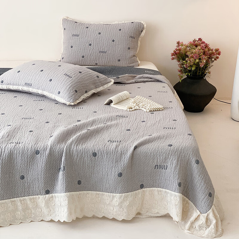 无印良品ins韩系全棉纱布床单1.8x2米床纯棉100%四季裸睡夹棉床盖单件家用 奶油波点-灰【色织花边工艺】 三件套： 250cm*230cm 床盖+枕套*2