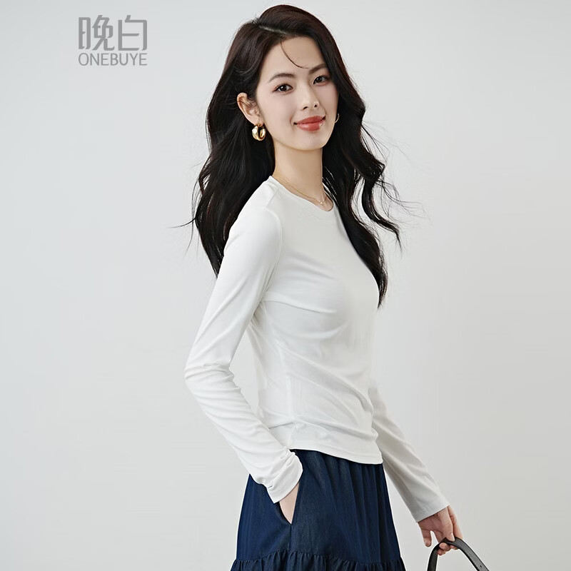 晚白【新品】2026年春款经典圆领正肩打底修身显瘦基础百搭T恤衫女 白色 S