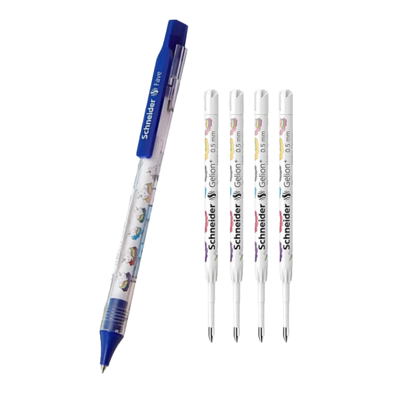 德國進(jìn)口schneider施耐德中性筆 獨(dú)角貓吾細(xì)桿心趣黑色簽字筆 考試刷題可愛卡通按動(dòng)水筆 深海藍(lán)桿黑芯+4支筆芯