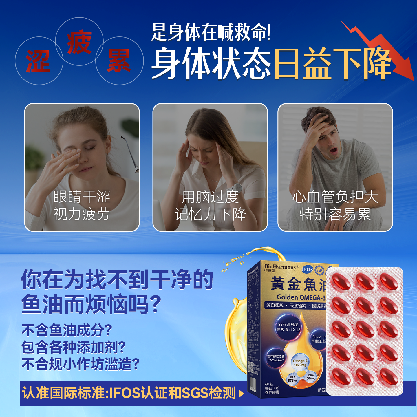 BioHarmony 行萬里85%高纯度挪威黄金鱼油Omega3深海IFOS五星rTG虾青素维生素新西兰 黄金鱼油 60粒*1盒