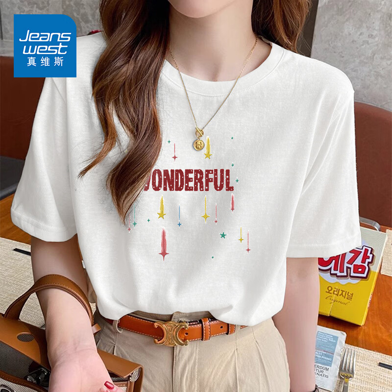 真维斯（Jeanswest）雪花棉短袖T恤女2026夏季新款纯色轻薄女装体恤韩版减龄圆领上衣 白色 奇妙流星 S