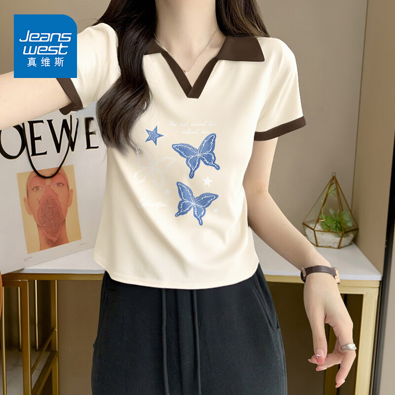 真维斯（Jeanswest）正肩翻领短袖女款设计感小众纯棉t恤2026新款夏季polo领减龄上衣 米撞棕 爱与蝴蝶蓝白 S