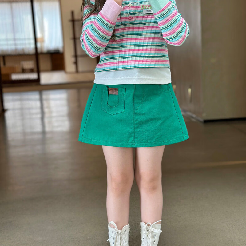 栀了成长记童装女童韩版时髦牛仔短裙2026春季儿童百搭纯色半身裙 绿色 半身裙 100 cm