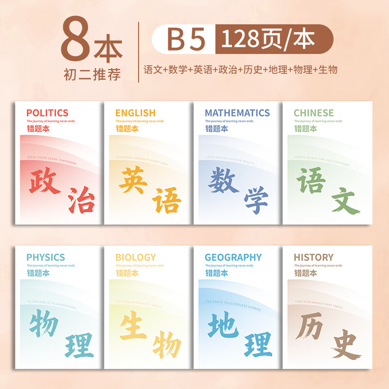 嘉然恒【老师推荐】B5分科目本错题本加厚9科学科艾宾浩斯笔记本文具初高中生专用文科理科纠错本改错本 初二推荐语数英/政史地/物生/8本装