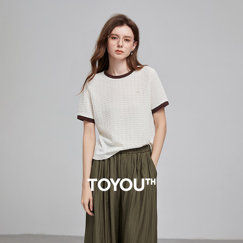 初语浮雕肌理短袖T恤女泡泡褶2026夏季新款撞色圆领别致上衣 米白色 L