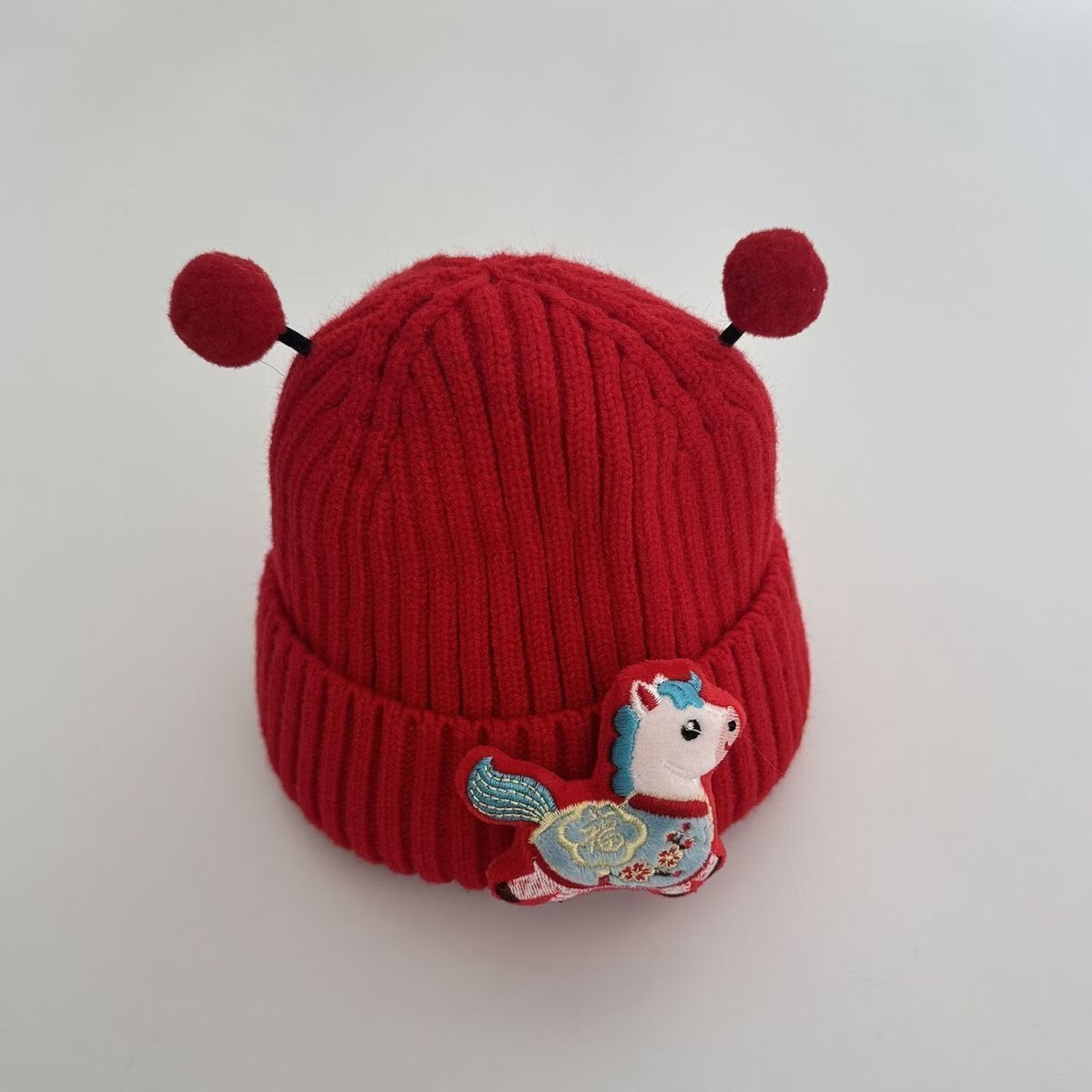 彩虹房子婴儿新年帽子秋冬季红色福字宝宝毛线帽男女童喜庆针织帽 平安福马-新年系列毛线帽 建议年龄1-12个月【40-46cm】有弹力
