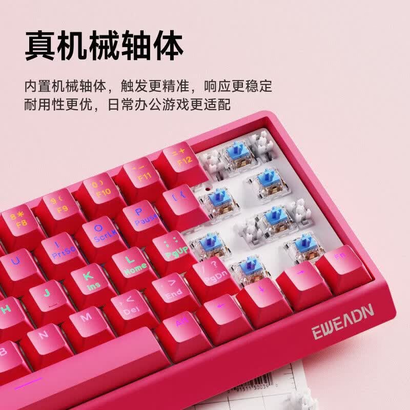 前行者（EWEADN）DK75无线键盘鼠标套装机械蓝牙三模男女生办公便携侧刻RGB青轴电竞游戏台式电脑笔记本台式 DK63-浆果红-混光-三模版