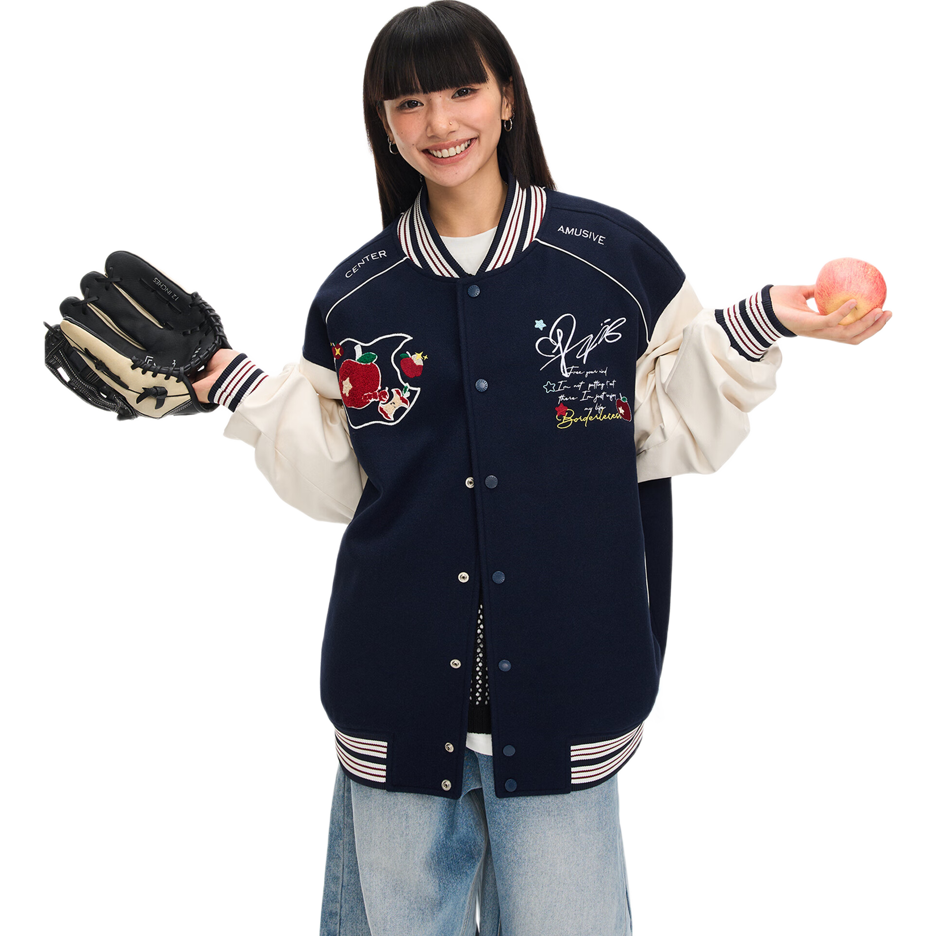 F426国潮牌秋季新款美式复古街头趣味苹果棒球服 藏青色 M