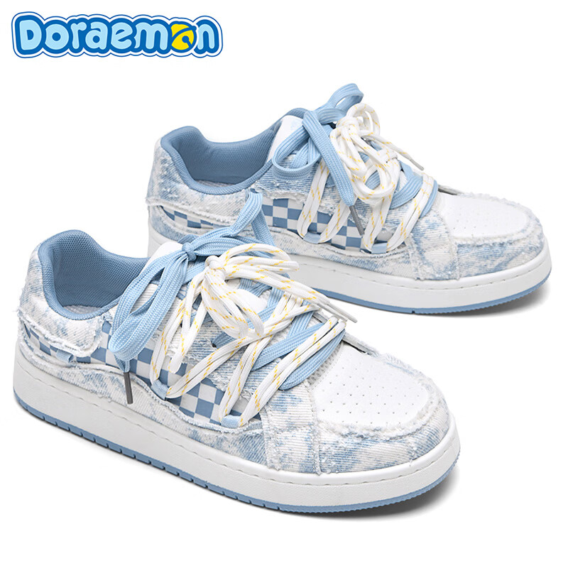 哆啦A梦板鞋男鞋2026春季新款低帮厚底潮鞋增高防滑耐磨运动休闲鞋子男 烟雨蓝 40