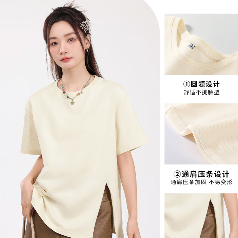 回力(Warrior)开叉宽松短袖T恤女2026年夏季女装新款潮流时尚慵懒随性休闲上衣 黑#回力白标K S